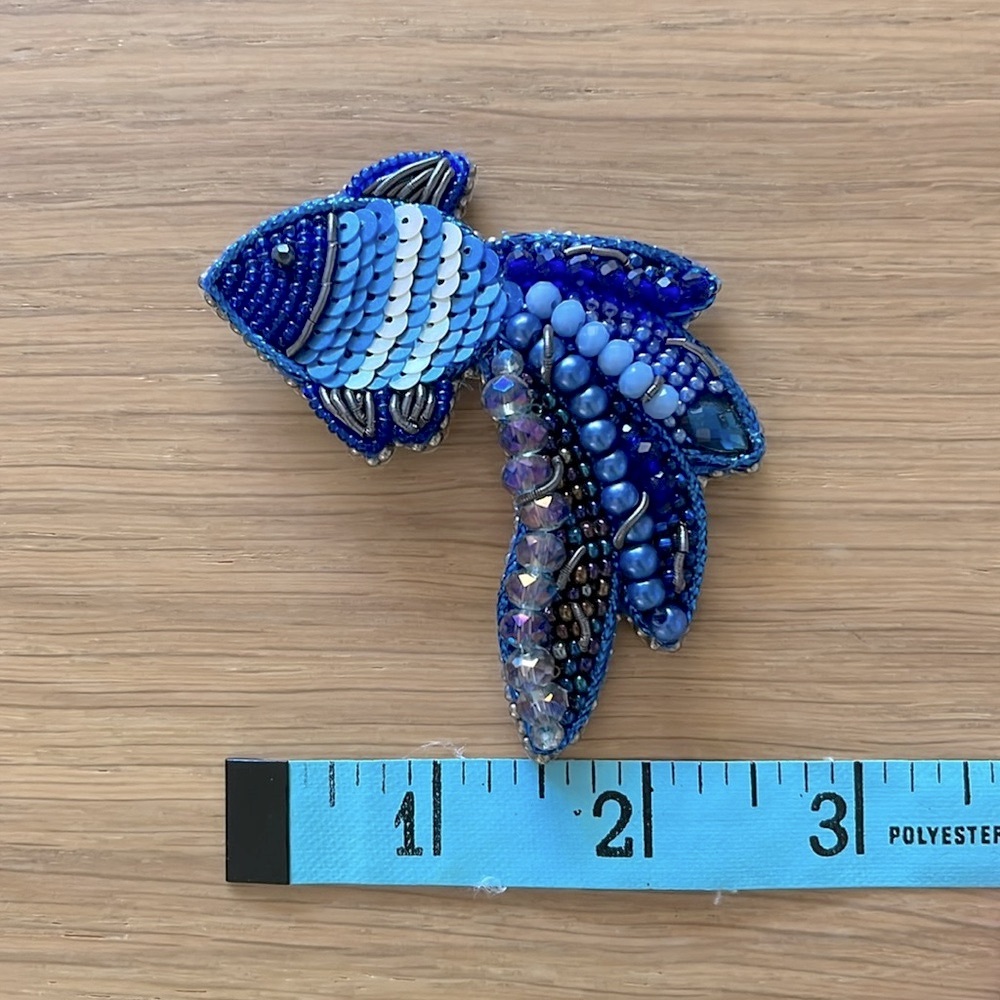 Handmade Brooch, blue beads and leather base, Fish - Picture 3 of 5